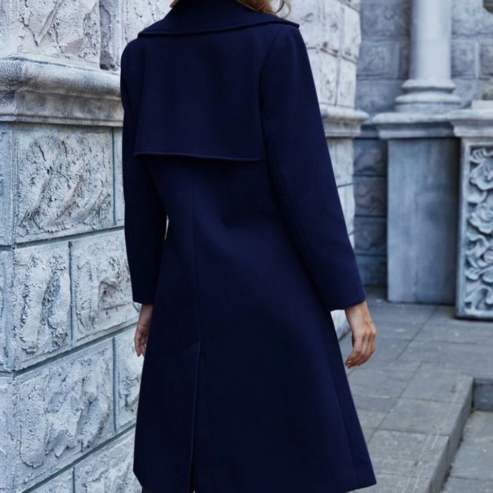 navy blue minimalist winter peacoat notched collar - Picture 2 of 13